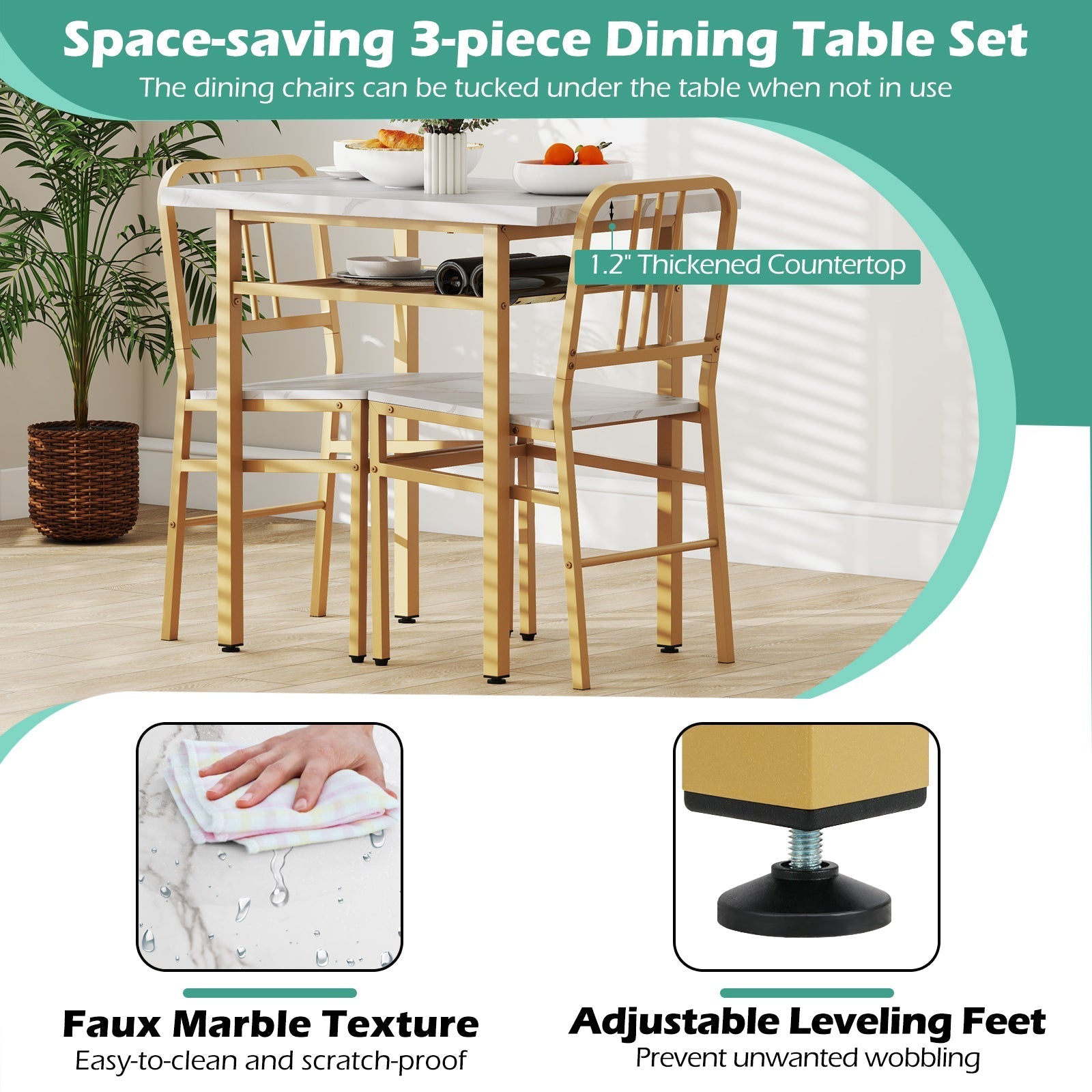 3-Piece Dining Table Set with Rectangular Kitchen Table and 2 Chairs