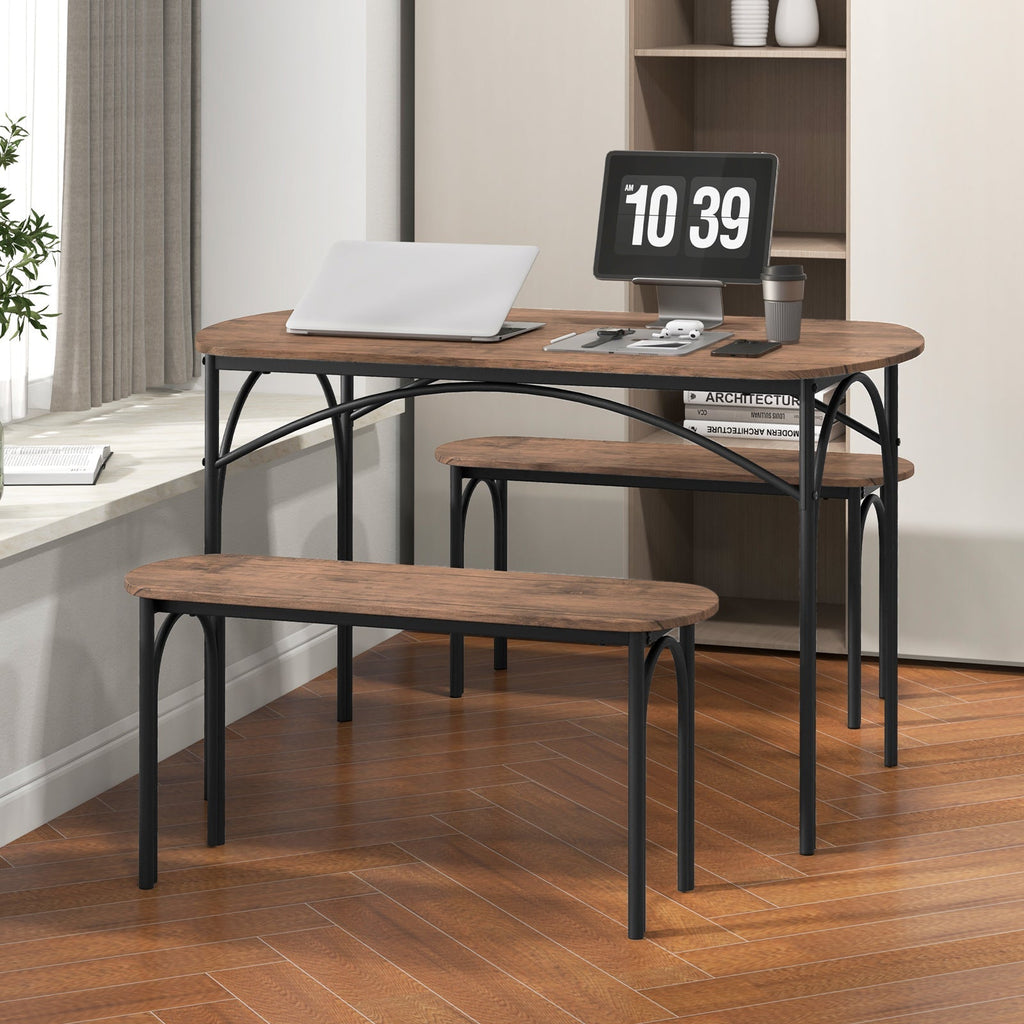3-Piece Dining Table Set for 4 with Metal Frame-Brown