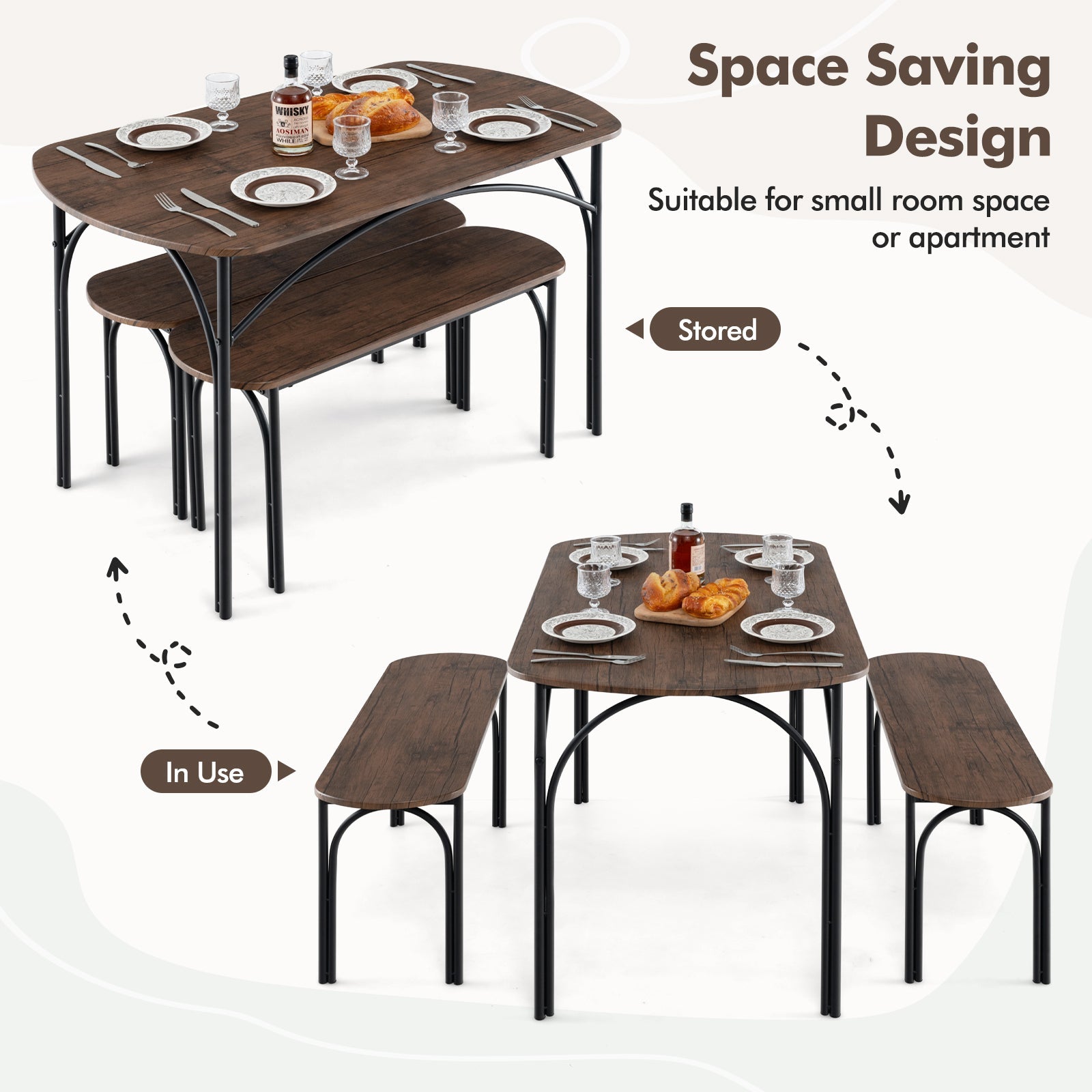 3-Piece Dining Table Set for 4 with Metal Frame-Brown