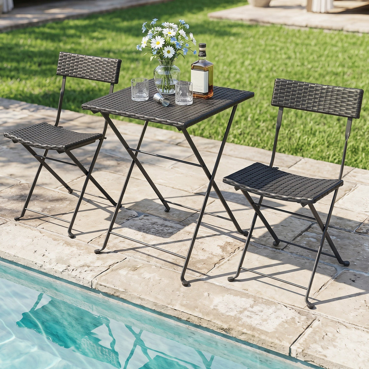 3-Piece Folding Bistro Set with PE Wicker and Metal Frame