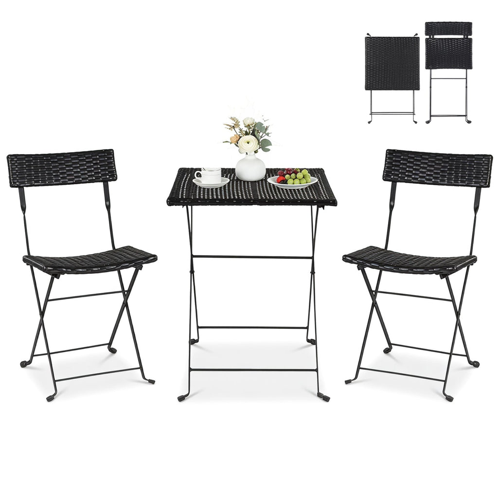 3-Piece Folding Bistro Set with PE Wicker and Metal Frame