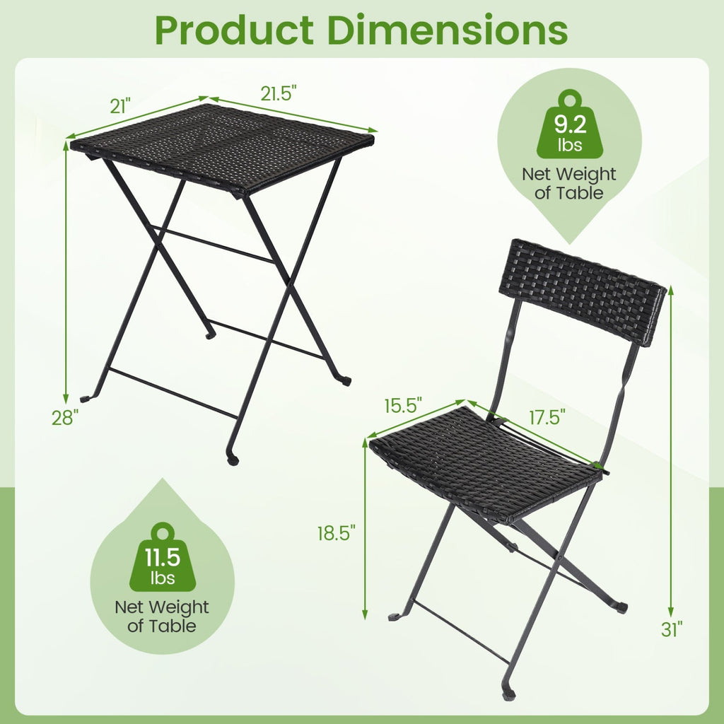 3-Piece Folding Bistro Set with PE Wicker and Metal Frame