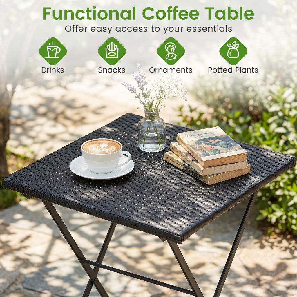 3-Piece Folding Bistro Set with PE Wicker and Metal Frame