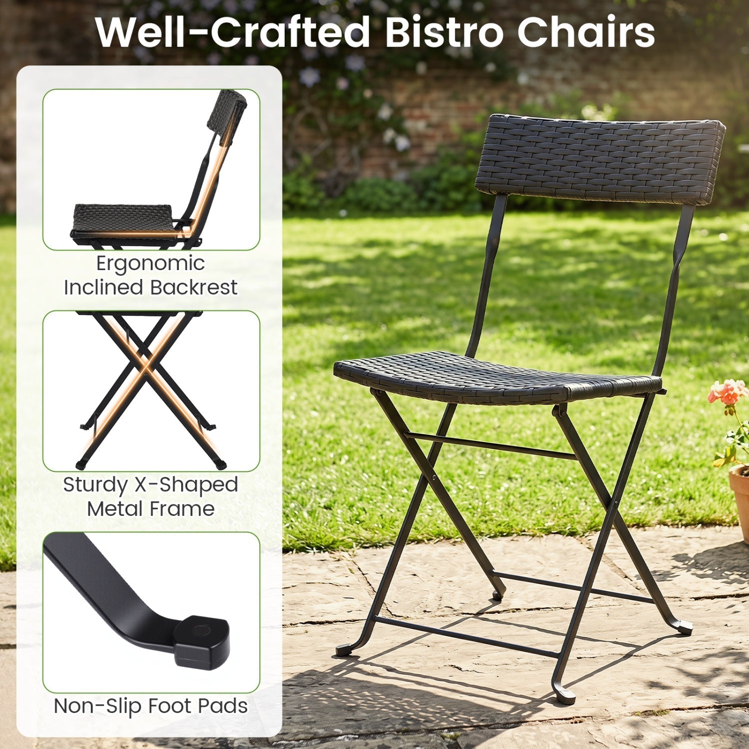 3-Piece Folding Bistro Set with PE Wicker and Metal Frame