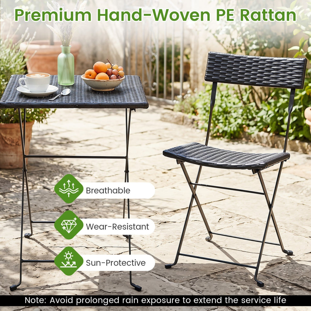 3-Piece Folding Bistro Set with PE Wicker and Metal Frame