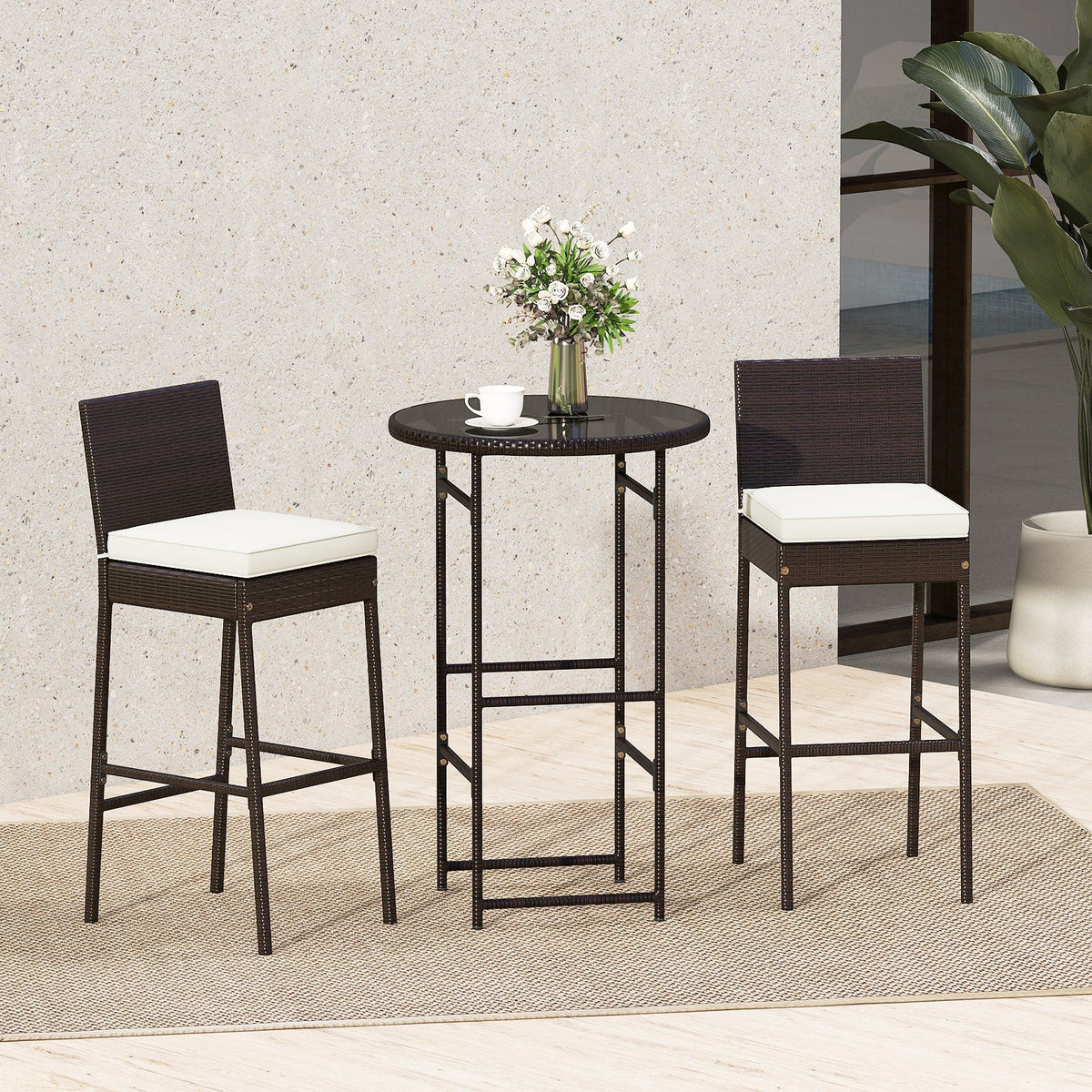 3 Piece Outdoor Bar Set Patio Heavy-Duty Metal Barstool and Table Set-White
