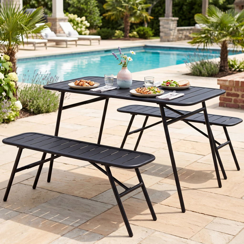 3-Piece Metal Patio Dining Set with Table and 2 Benches