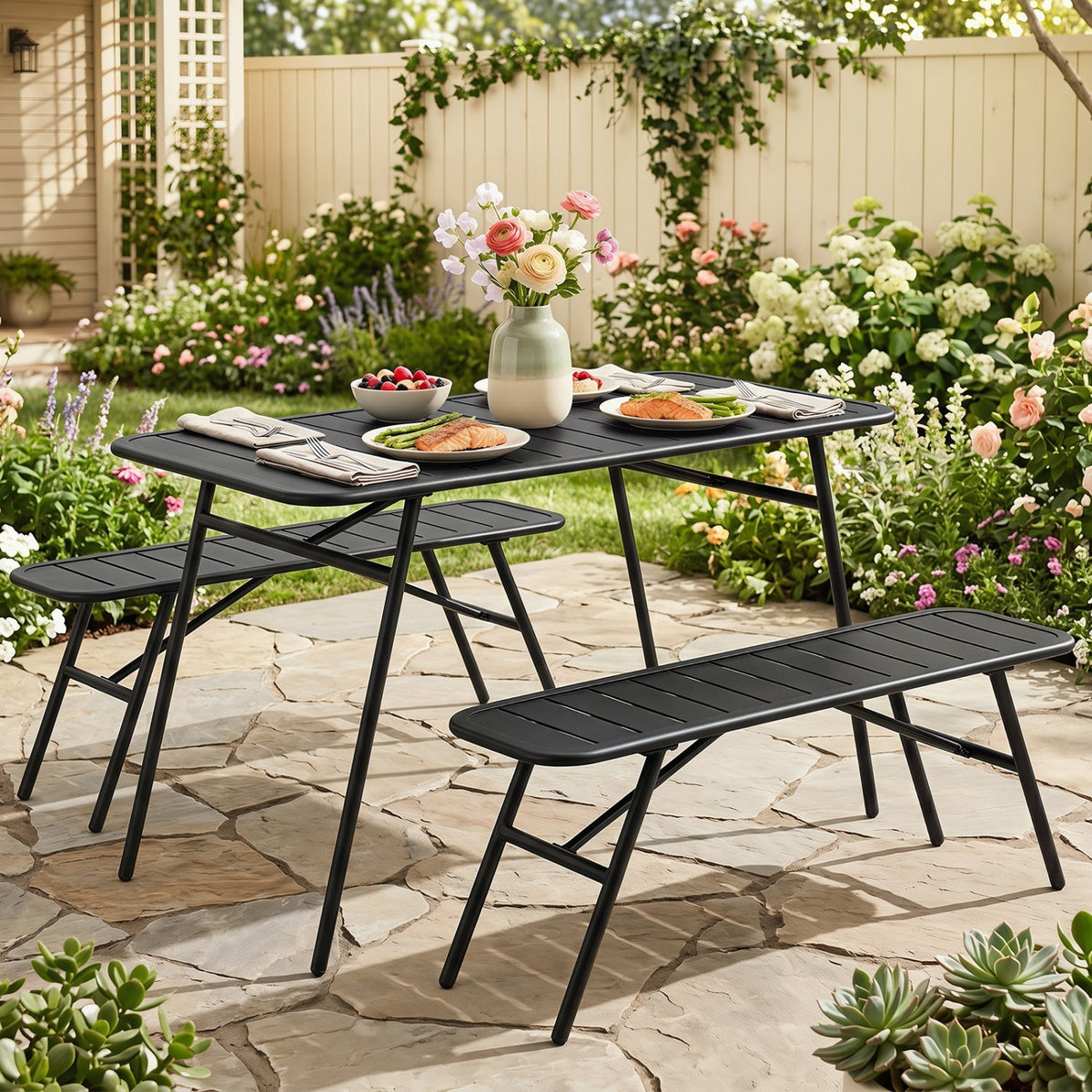 3-Piece Metal Patio Dining Set with Table and 2 Benches