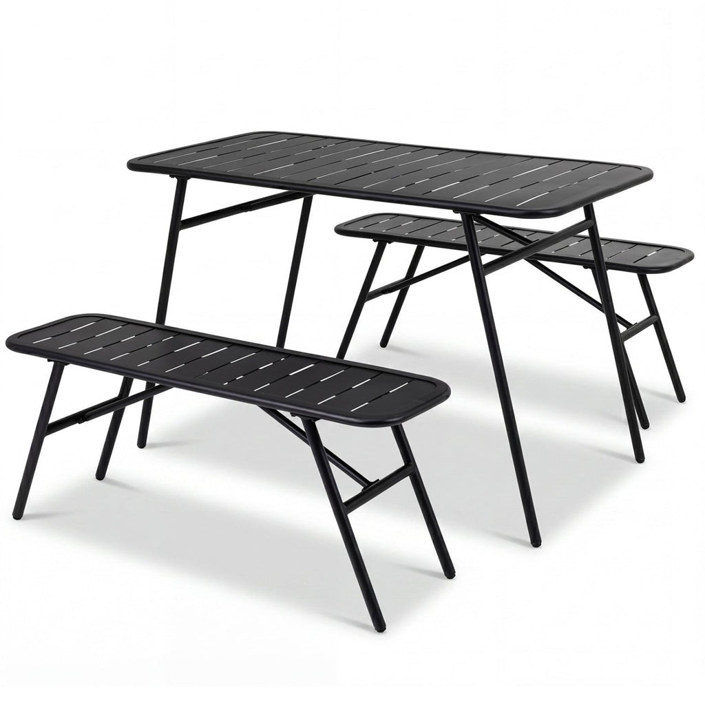 3-Piece Metal Patio Dining Set with Table and 2 Benches