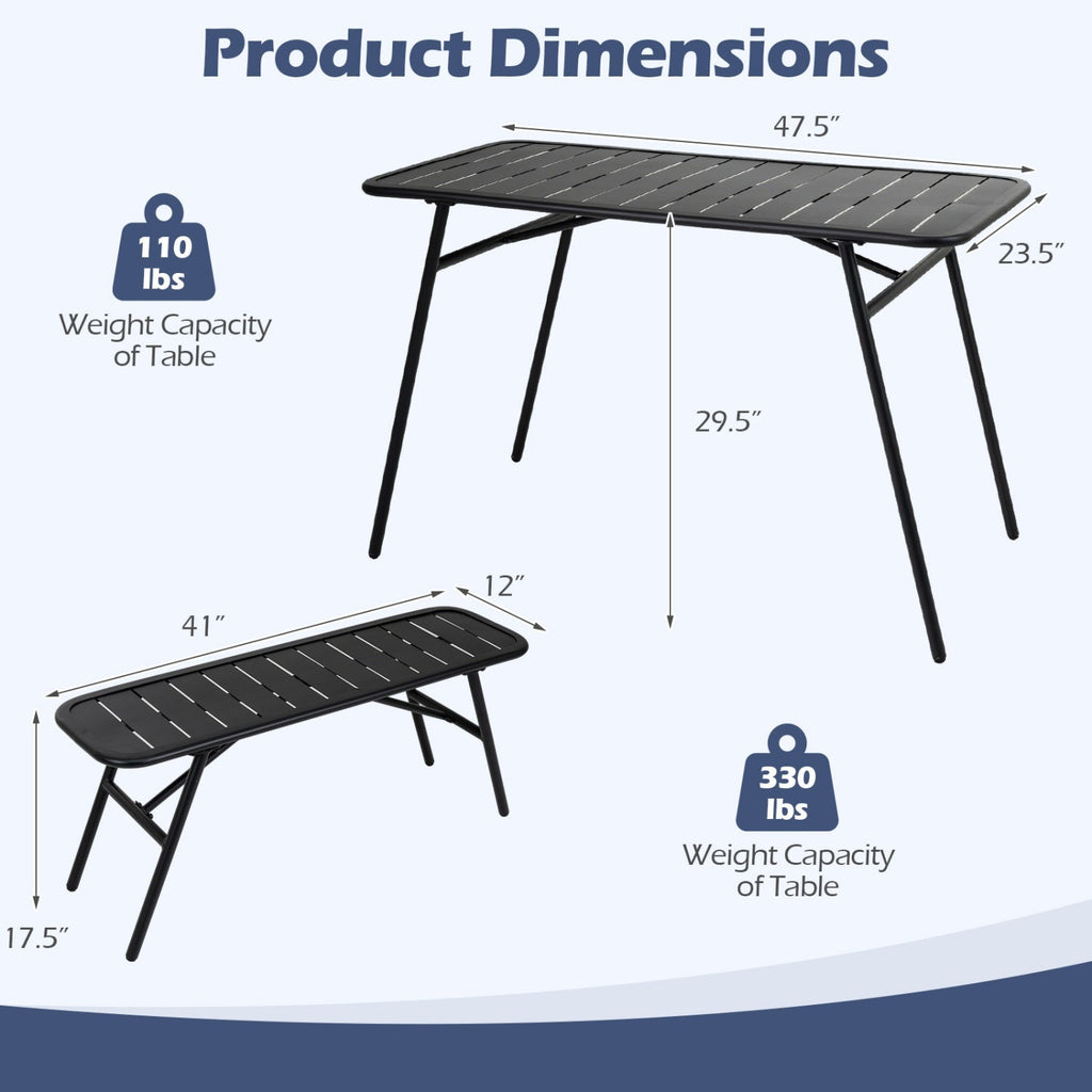 3-Piece Metal Patio Dining Set with Table and 2 Benches