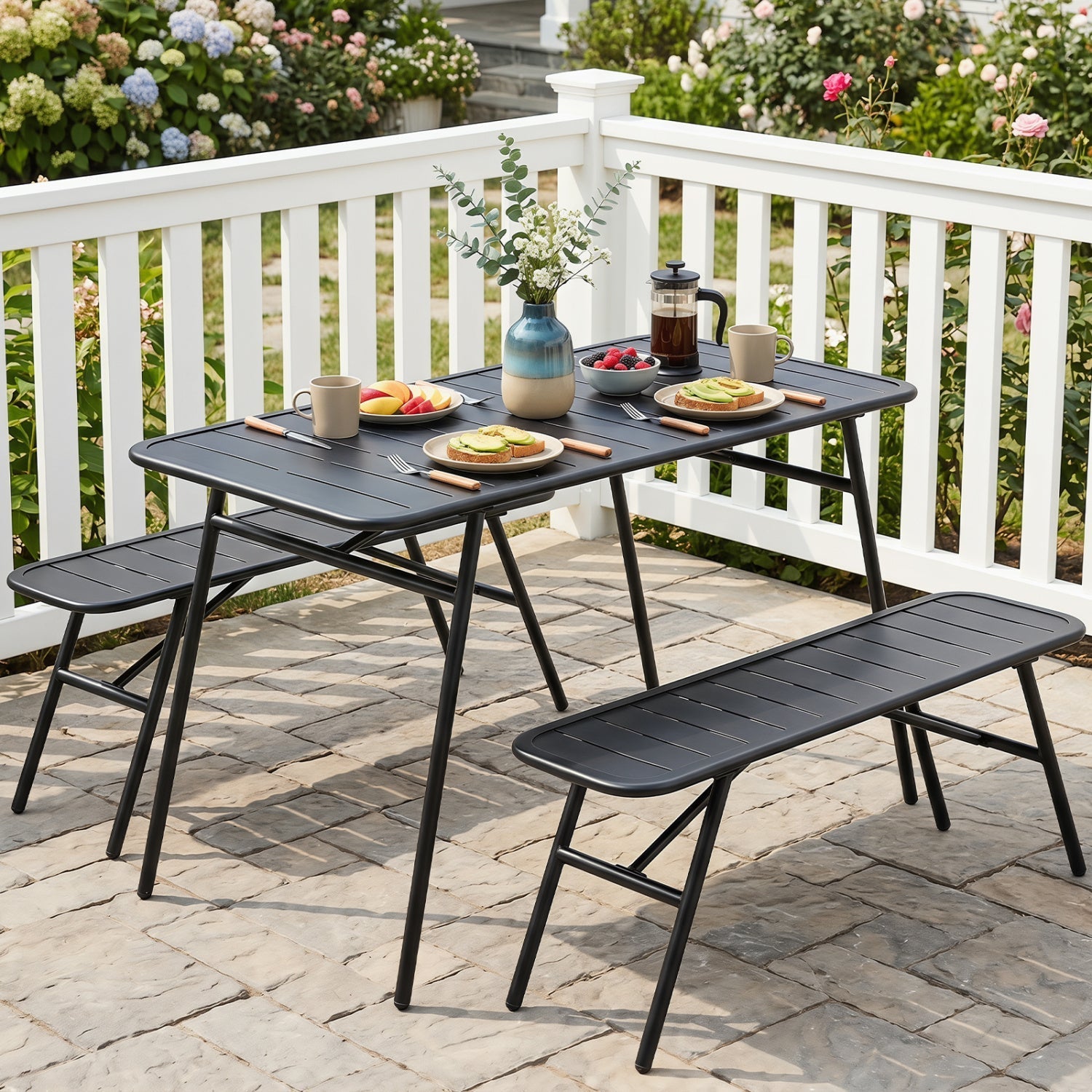 3-Piece Metal Patio Dining Set with Table and 2 Benches