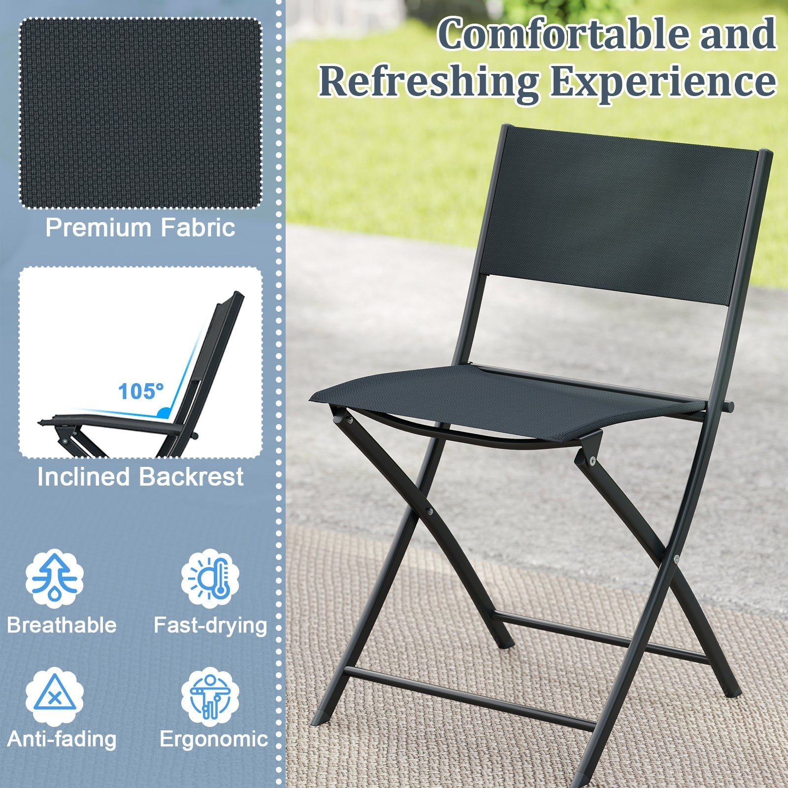 3 Piece Outdoor Folding Patio Bistro Set with Tempered Glass Coffee Table and 2 Patio Chairs