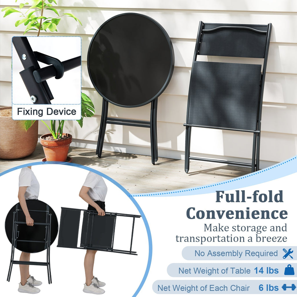 3 Piece Outdoor Folding Patio Bistro Set with Tempered Glass Coffee Table and 2 Patio Chairs