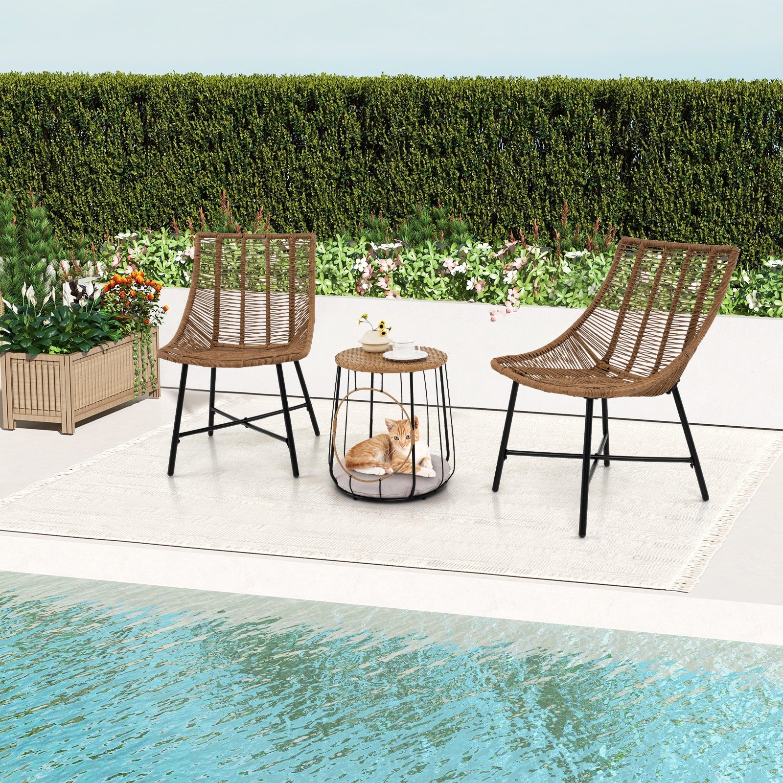 3 Piece Outdoor Furniture Set with Pet Housefor Patio Yard-Brown