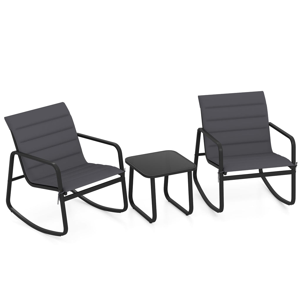 3 Piece Outdoor Rocking Bistro Set Porch Rocker Chairs with Tempered Glass Table-Gray