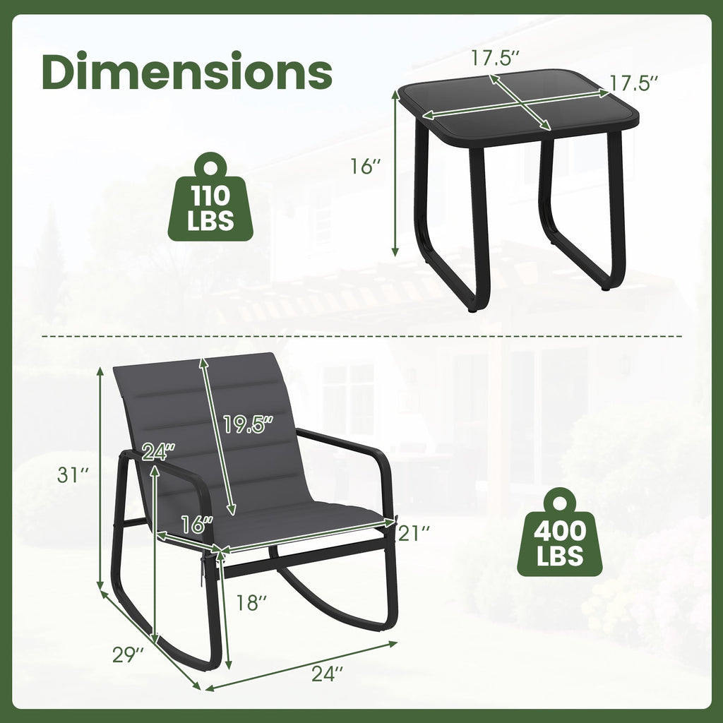 3 Piece Outdoor Rocking Bistro Set Porch Rocker Chairs with Tempered Glass Table-Gray
