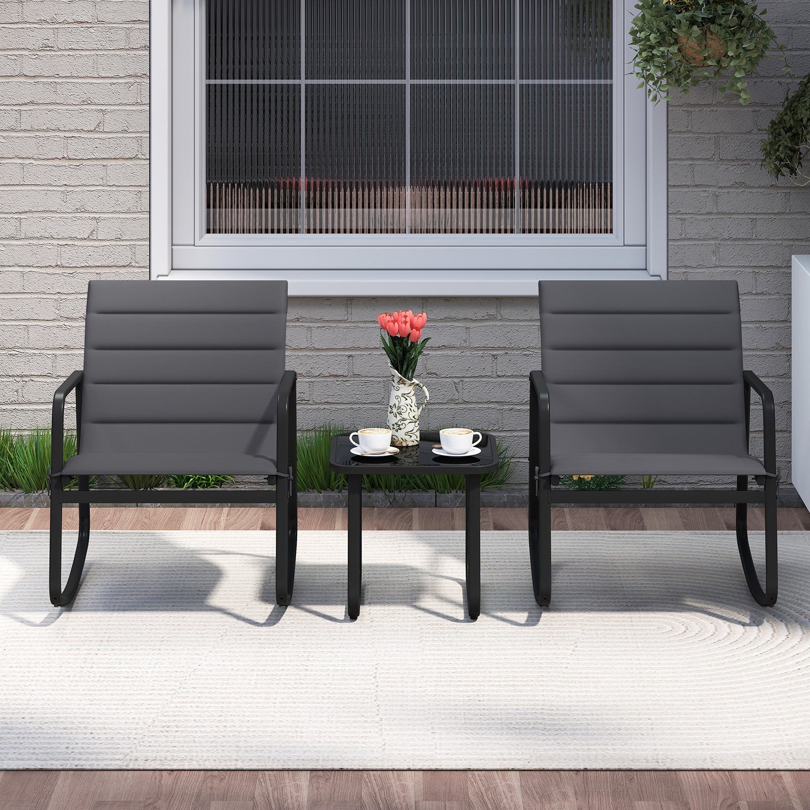 3 Piece Outdoor Rocking Bistro Set Porch Rocker Chairs with Tempered Glass Table-Gray