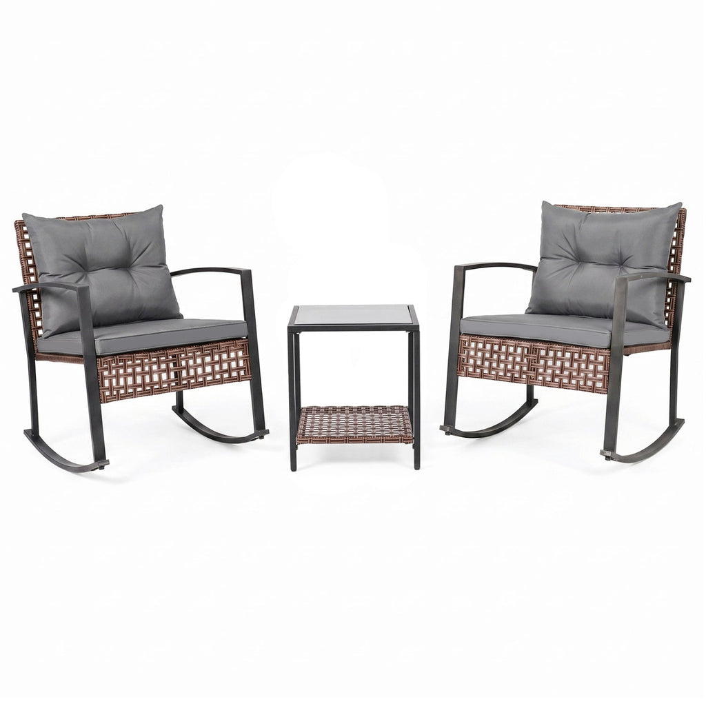 3-Piece Rocking Chair Patio Set with Glass Coffee Table