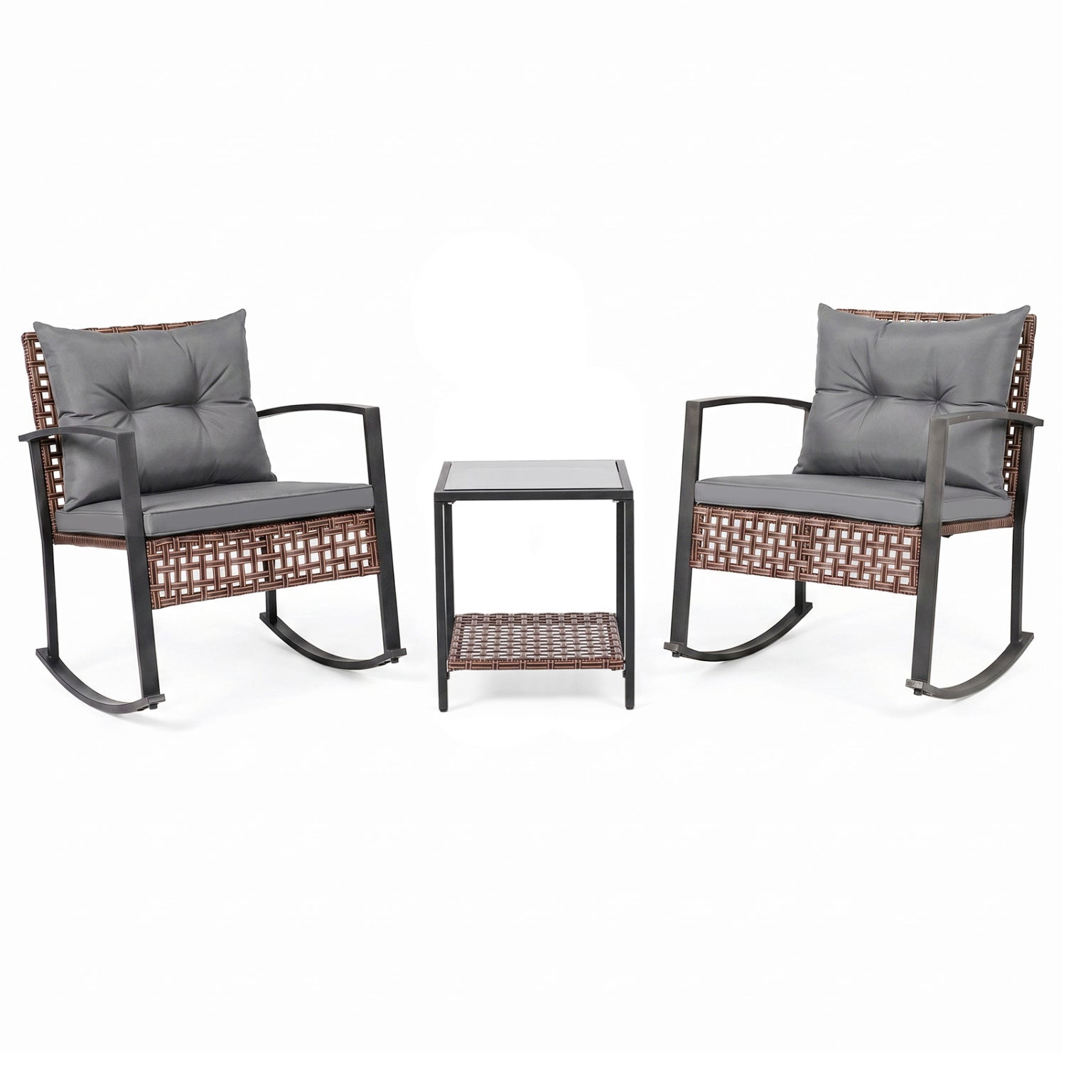 3-Piece Rocking Chair Patio Set with Glass Coffee Table