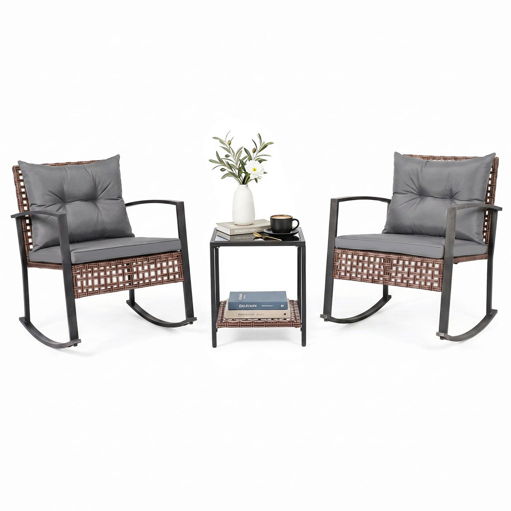 3-Piece Rocking Chair Patio Set with Glass Coffee Table