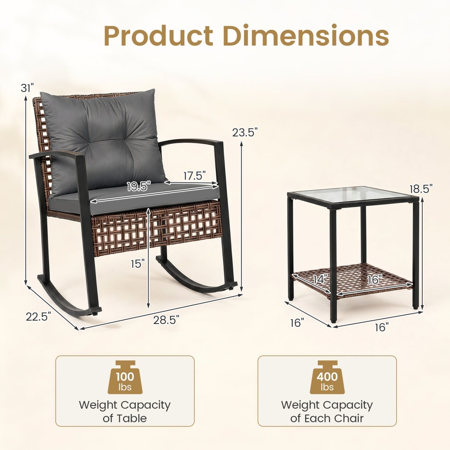 3-Piece Rocking Chair Patio Set with Glass Coffee Table