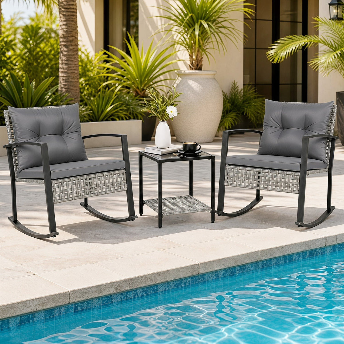 3-Piece Outdoor Rocking Chair Set with Coffee Table - Gray