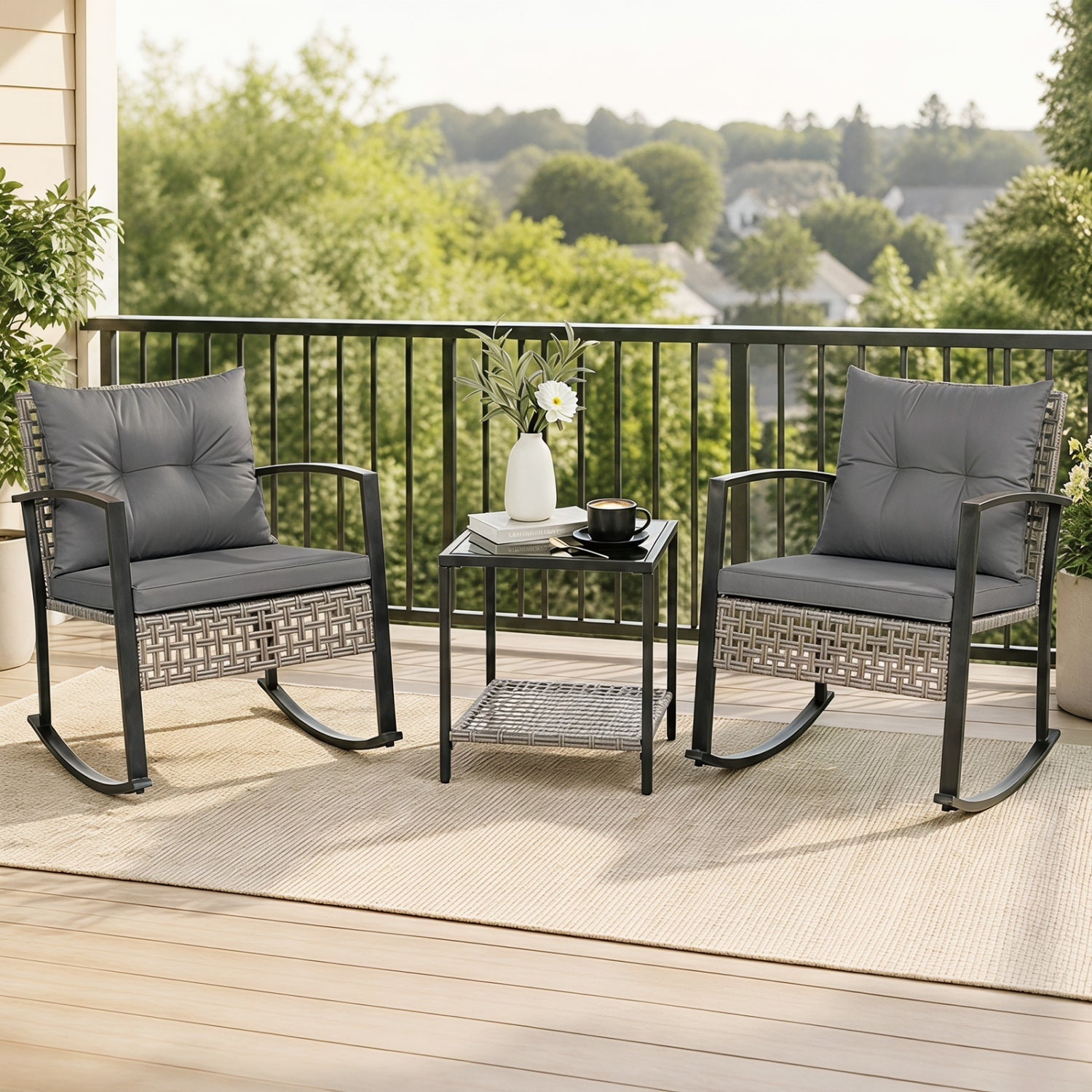 3-Piece Outdoor Rocking Chair Set with Coffee Table - Gray