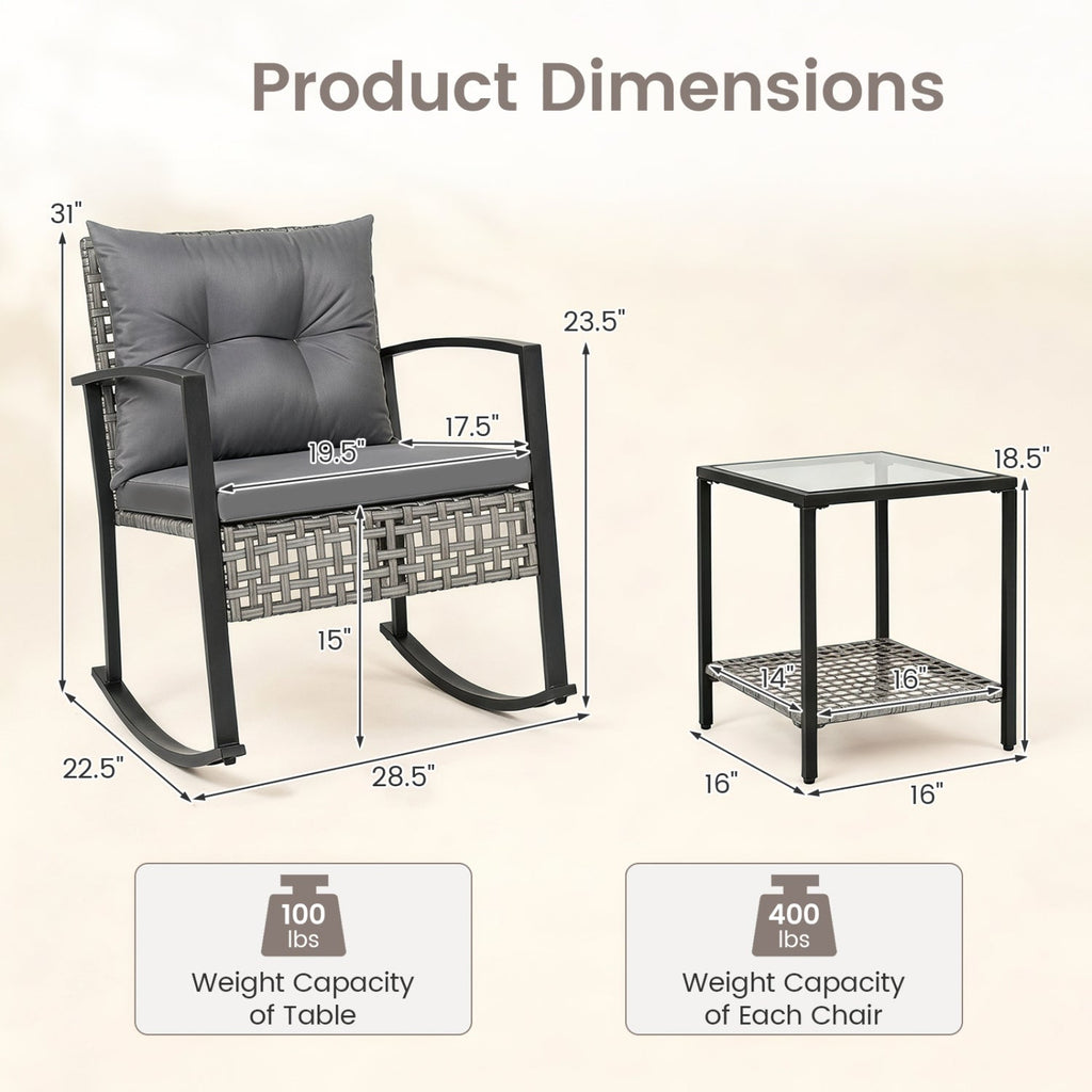3-Piece Outdoor Rocking Chair Set with Coffee Table - Gray
