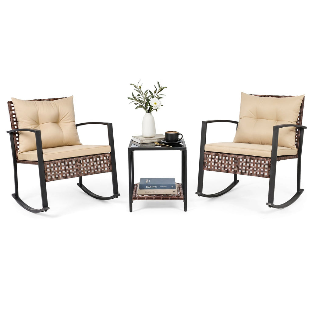 3-Piece Rocking Chair Patio Set with Glass Coffee Table