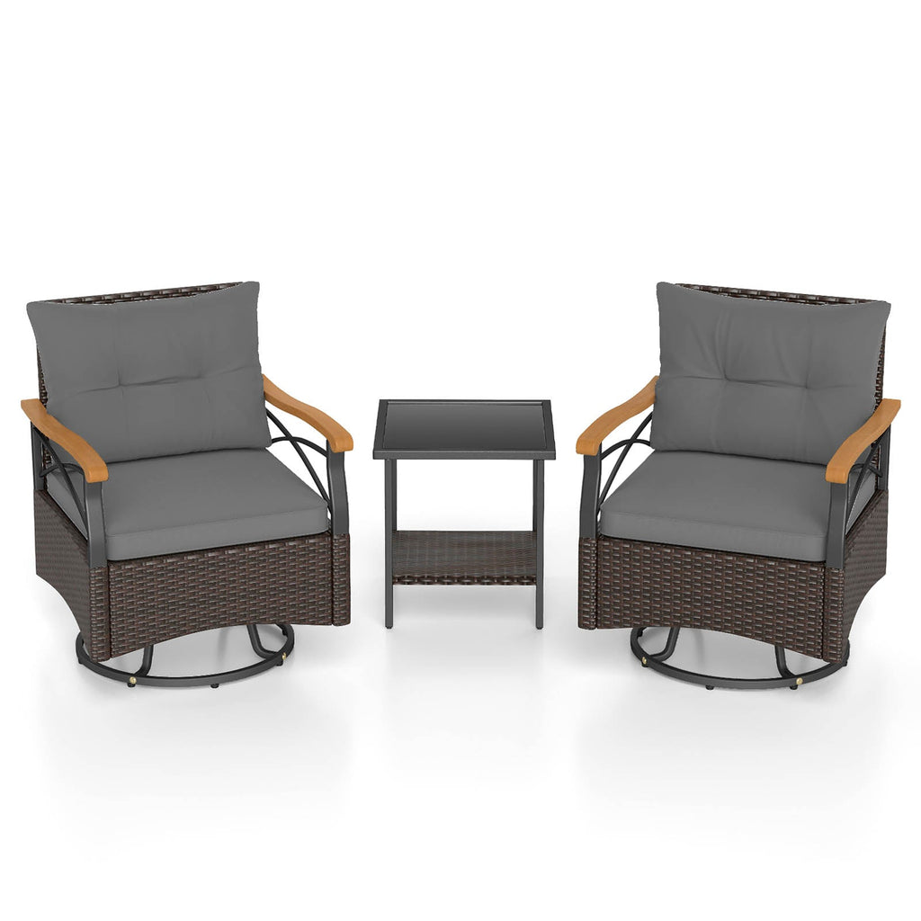 3 Piece Outdoor Swivel Chair Set with Tempered Glass Side Table