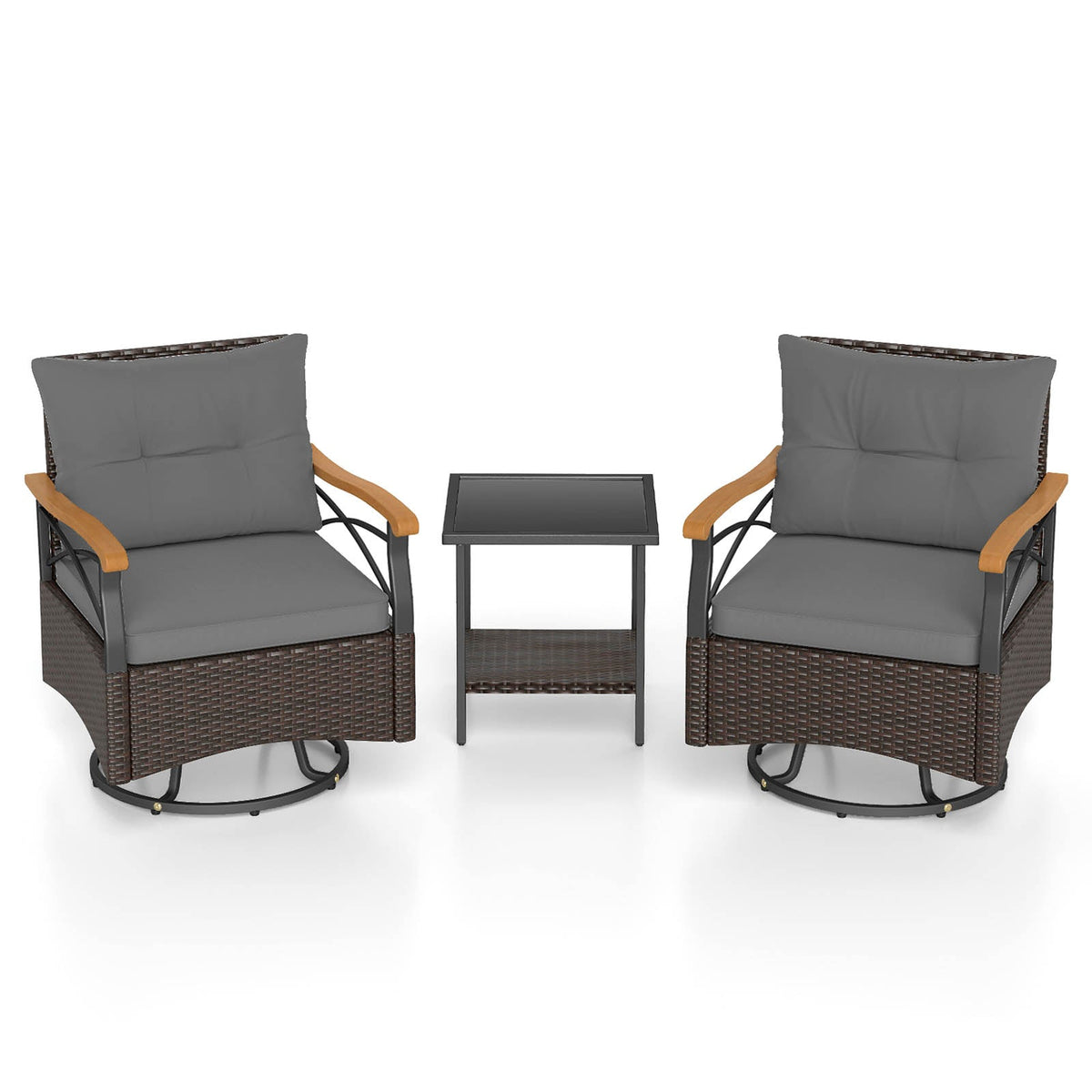 3 Piece Outdoor Swivel Chair Set with Tempered Glass Side Table