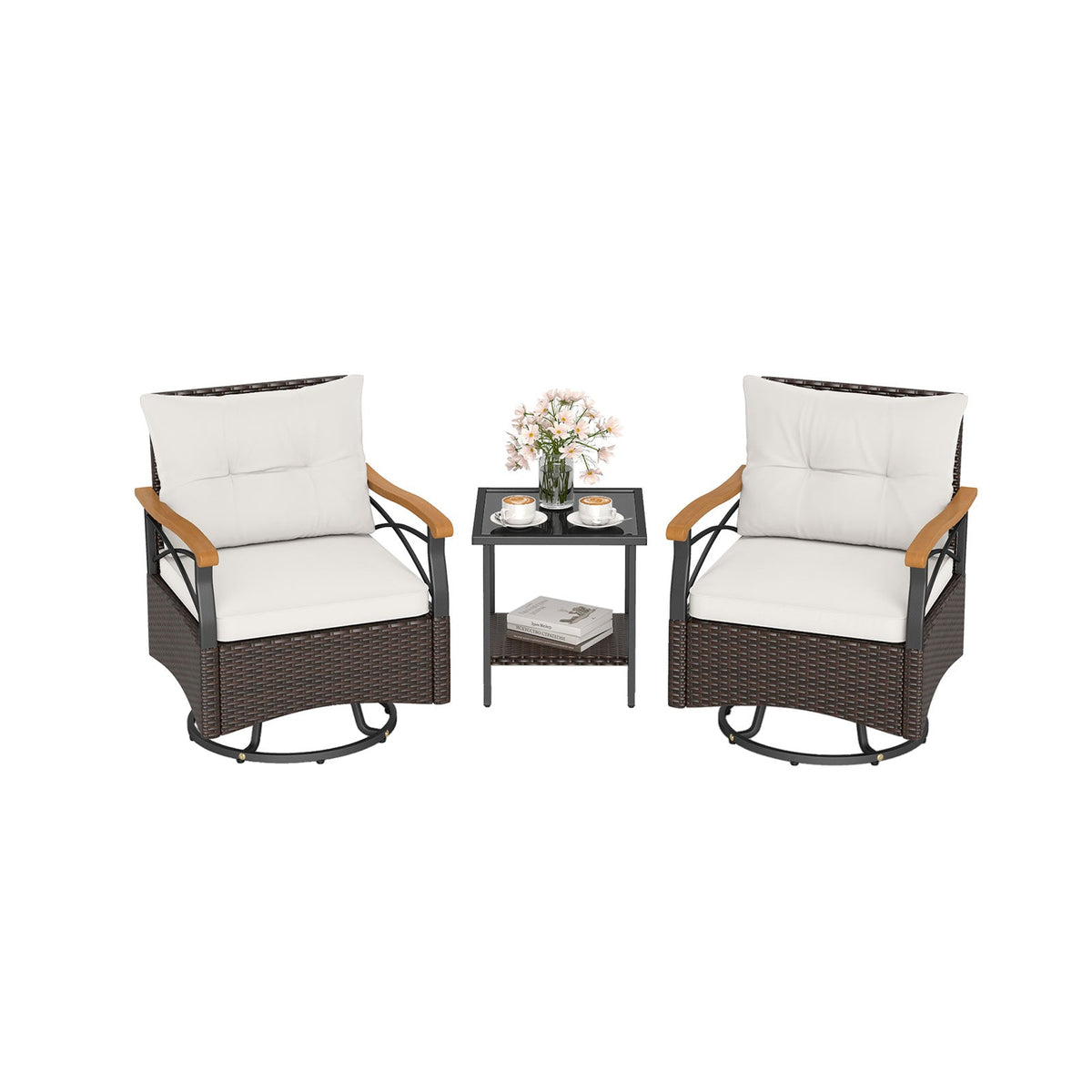 3 Piece Outdoor Swivel Chair Set with Tempered Glass Side Table