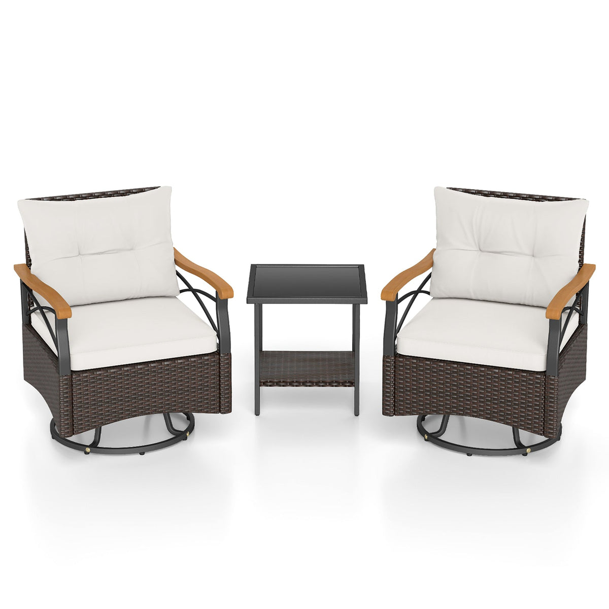 3 Piece Outdoor Swivel Chair Set with Tempered Glass Side Table