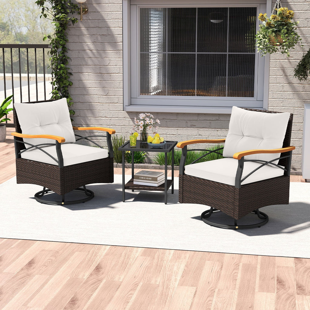 3 Piece Outdoor Swivel Chair Set with Tempered Glass Side Table