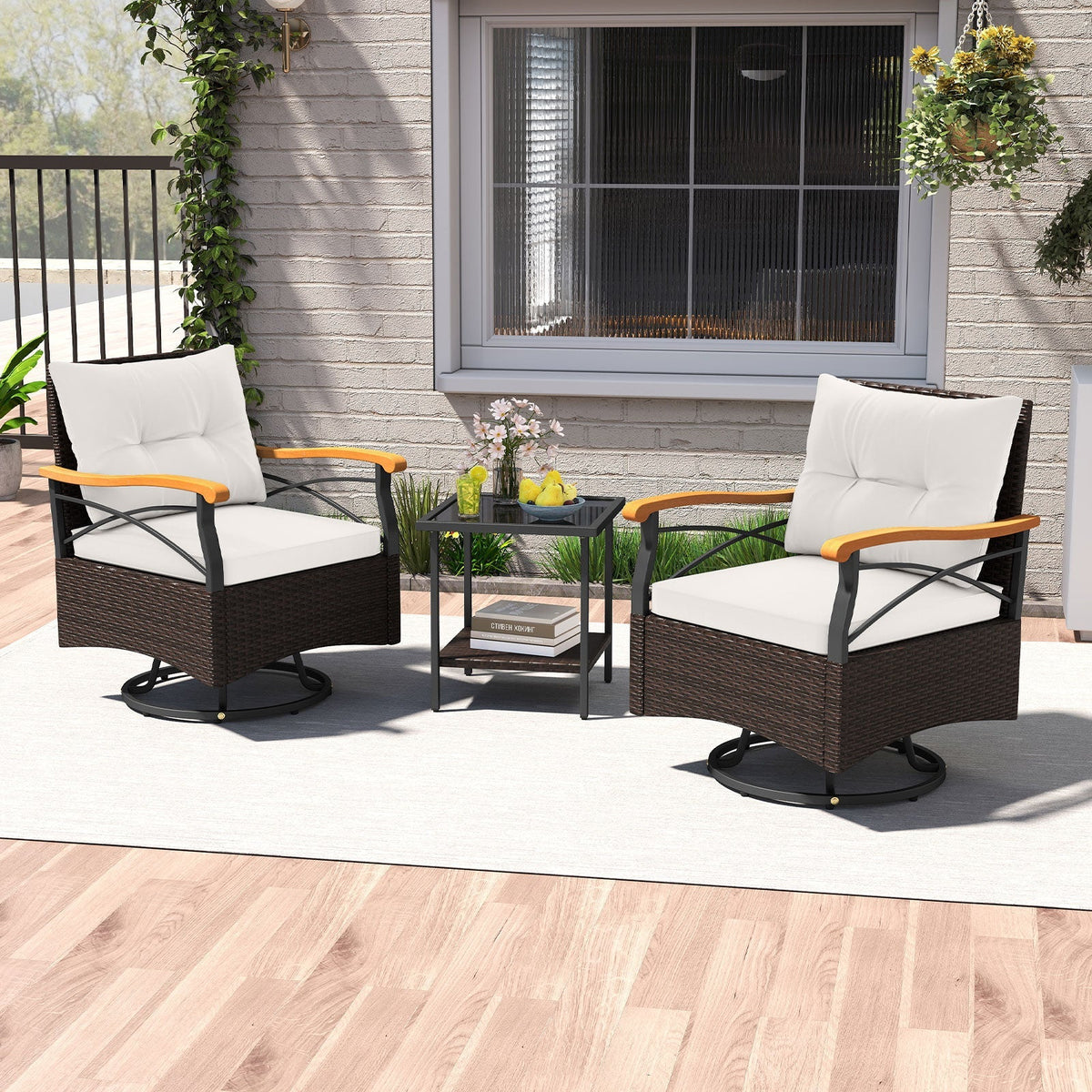 3 Piece Outdoor Swivel Chair Set with Tempered Glass Side Table