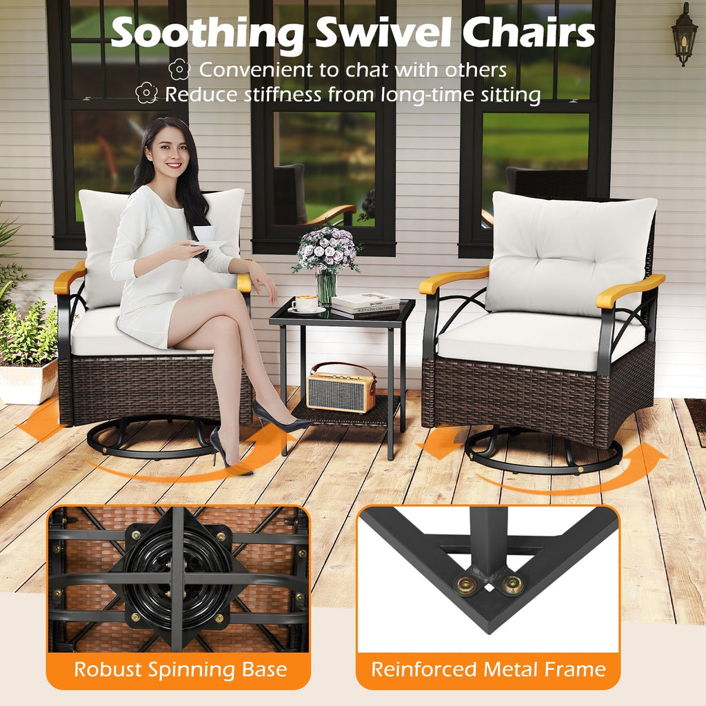 3 Piece Outdoor Swivel Chair Set with Tempered Glass Side Table