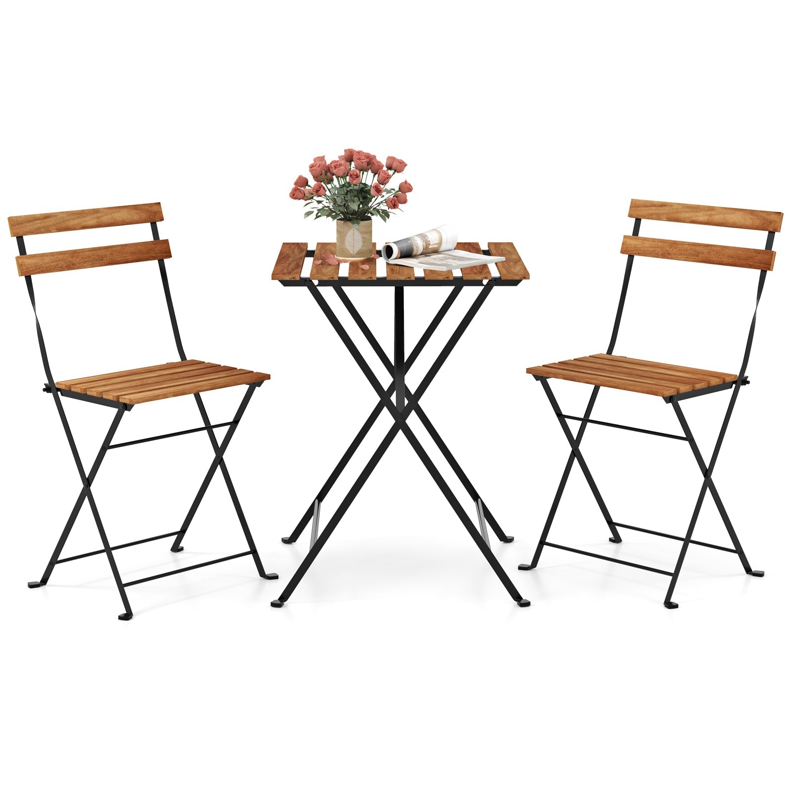 3 Piece Patio Acacia Wood Bistro Set with Slatted Seat and Tabletop
