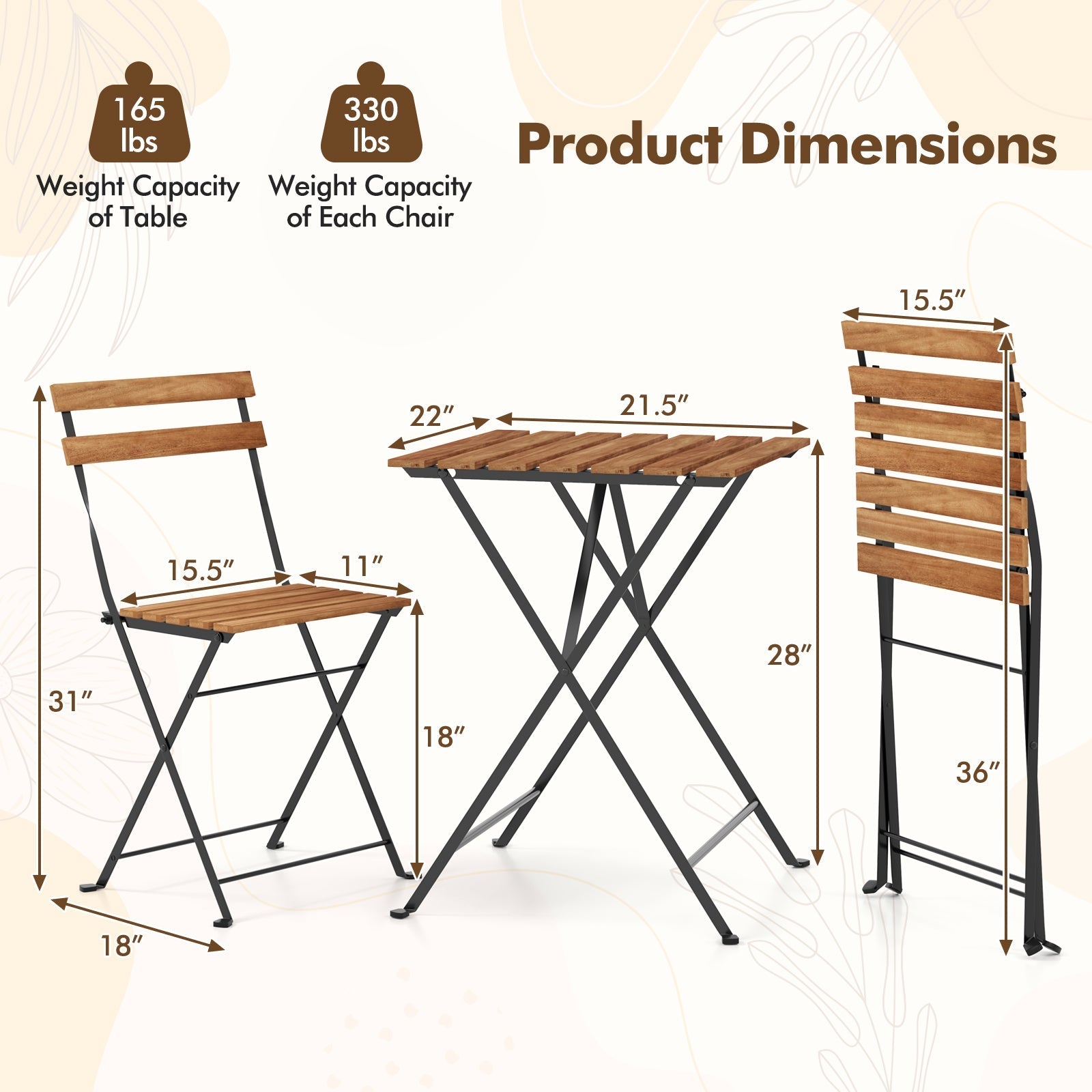 3 Piece Patio Acacia Wood Bistro Set with Slatted Seat and Tabletop