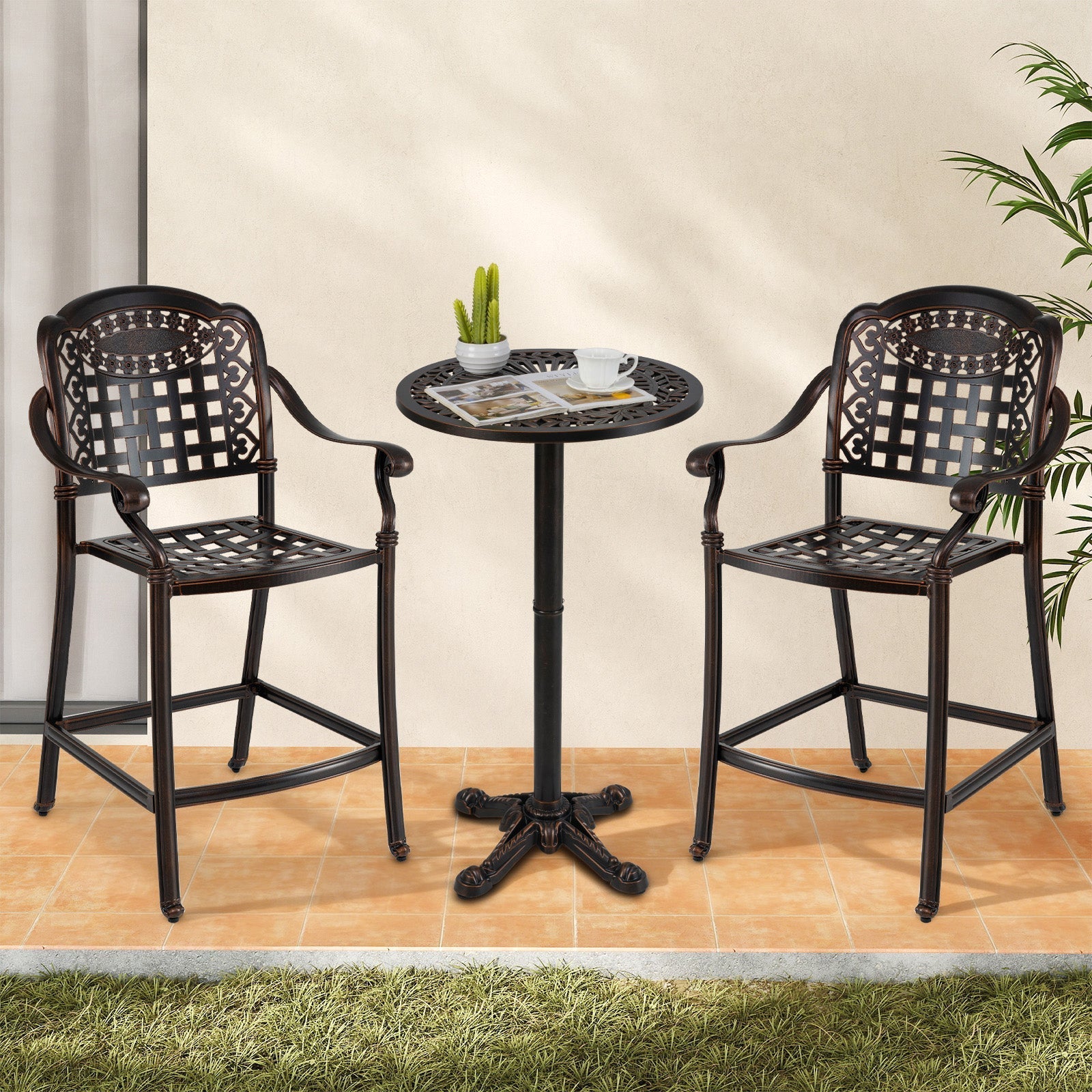 3 Piece Patio Bar Set Outdoor Cast Aluminum Round High Top Table 2 Counter Height Bar Stools