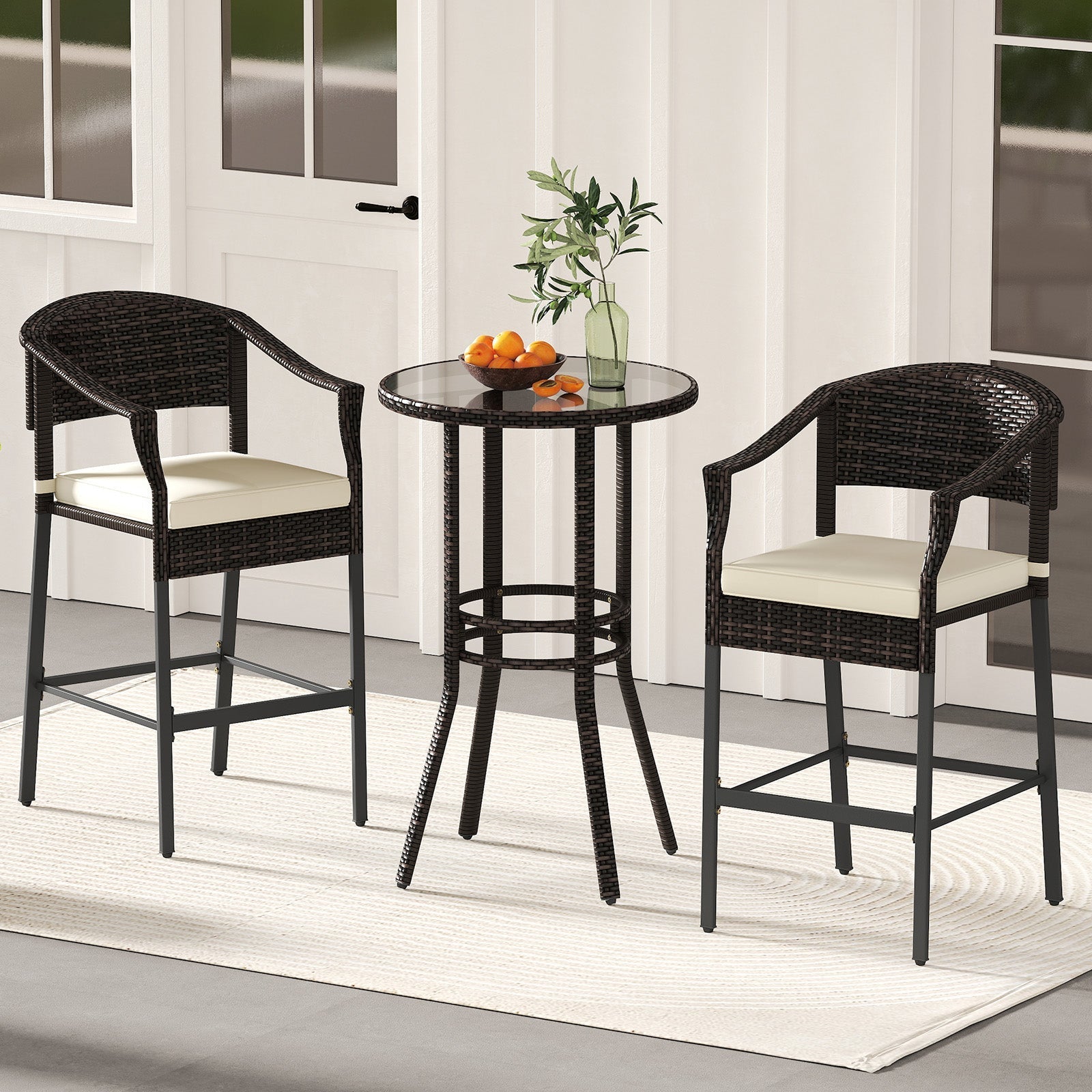 3-Piece Patio Rattan Bar Set with Tempered Glass Top for Backyard Poolside