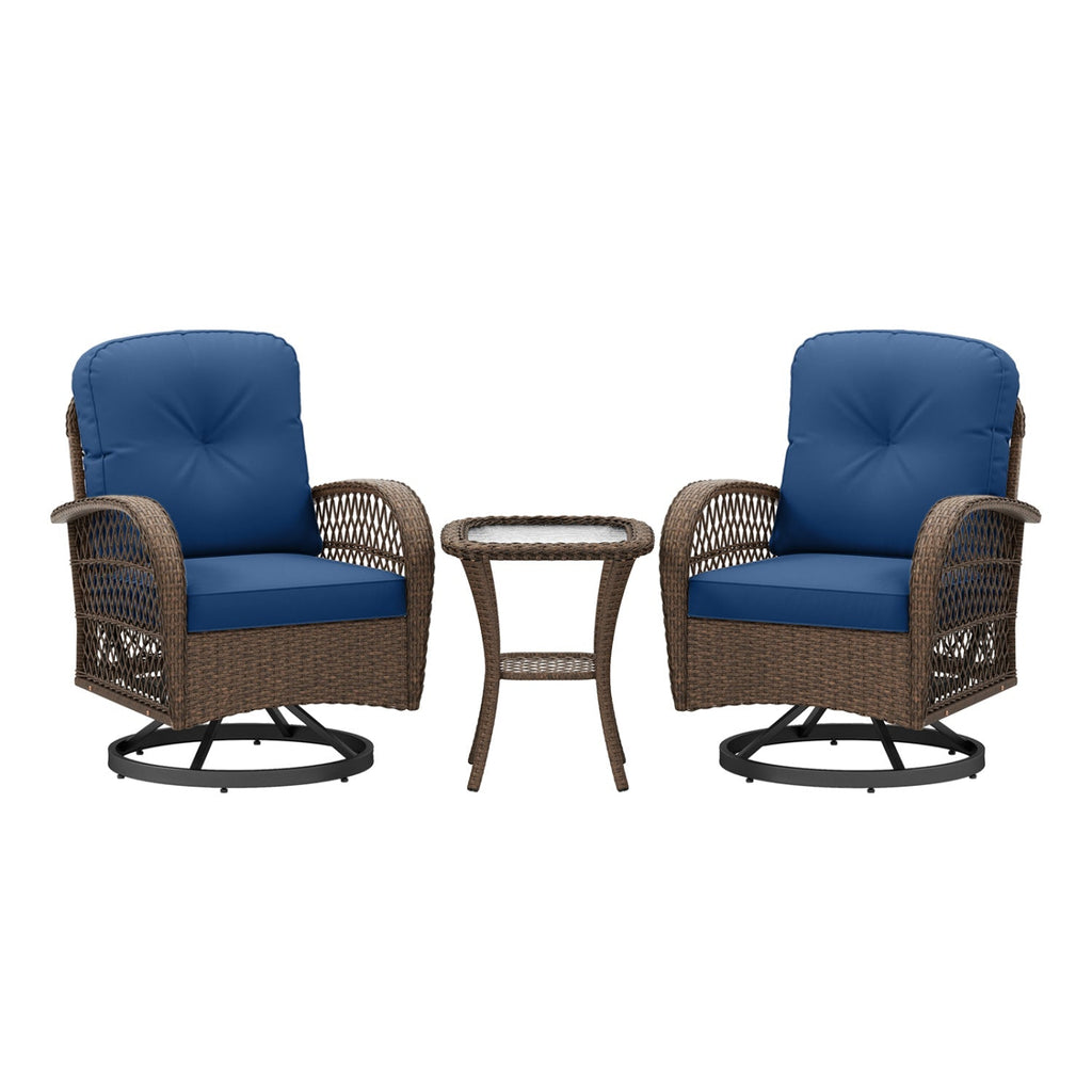 3 Piece Patio Swivel Rocker Set with Tempered Glass Side Table and Thick Cushions