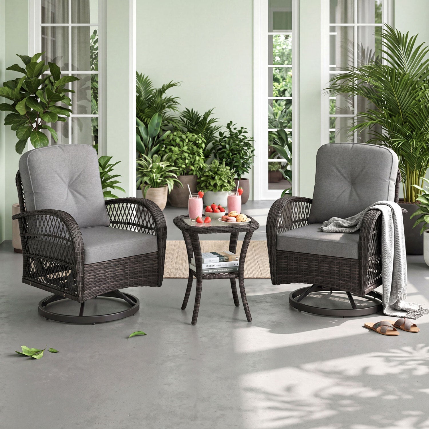 3-Piece Patio Swivel Rocker Set with Glass Side Table