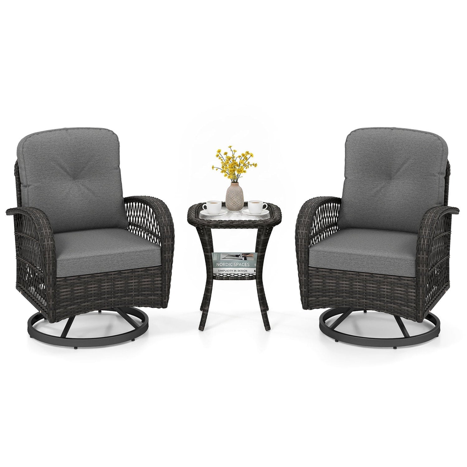 3-Piece Patio Swivel Rocker Set with Glass Side Table