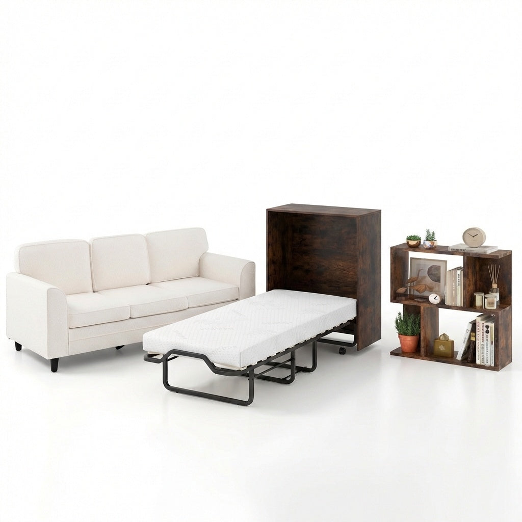 3-Piece Space-Saving Living Room with Teddy Sofa Display Bookshelf & Foldable Murphy Bed