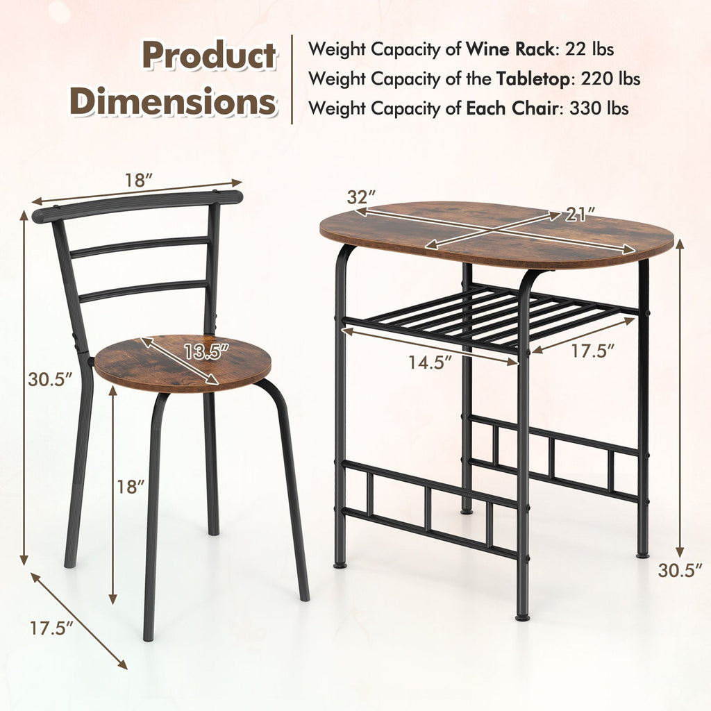 3 pcs Home Kitchen Bistro Pub Dining Table 2 Chairs Set