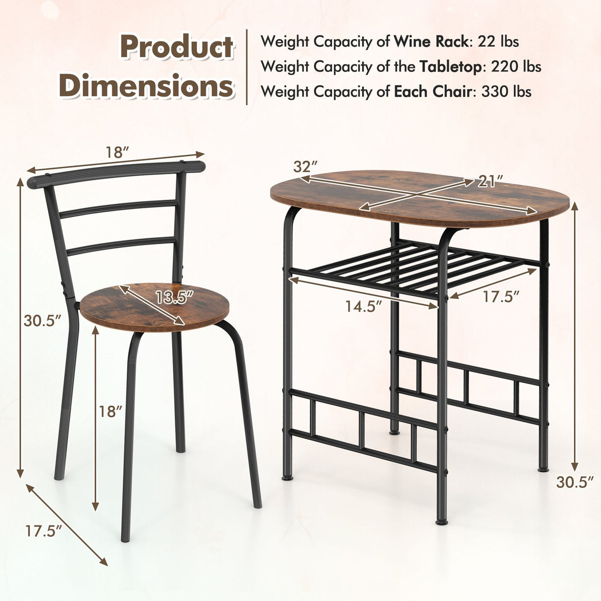 3 pcs Home Kitchen Bistro Pub Dining Table 2 Chairs Set