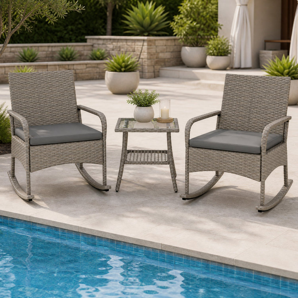 3-Piece Wicker Rocking Bistro Set with Cushions - Gray
