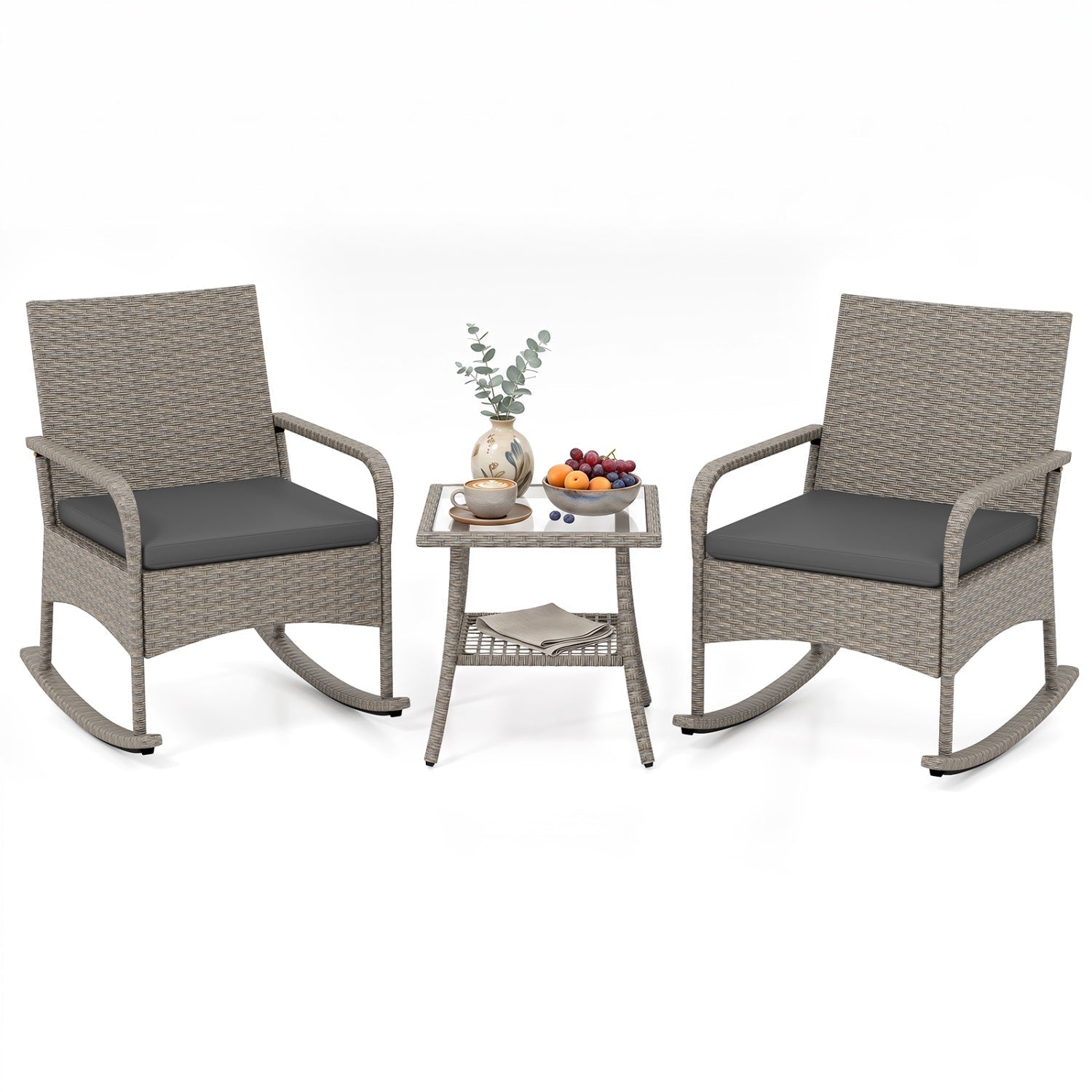 3-Piece Wicker Rocking Bistro Set with Cushions - Gray