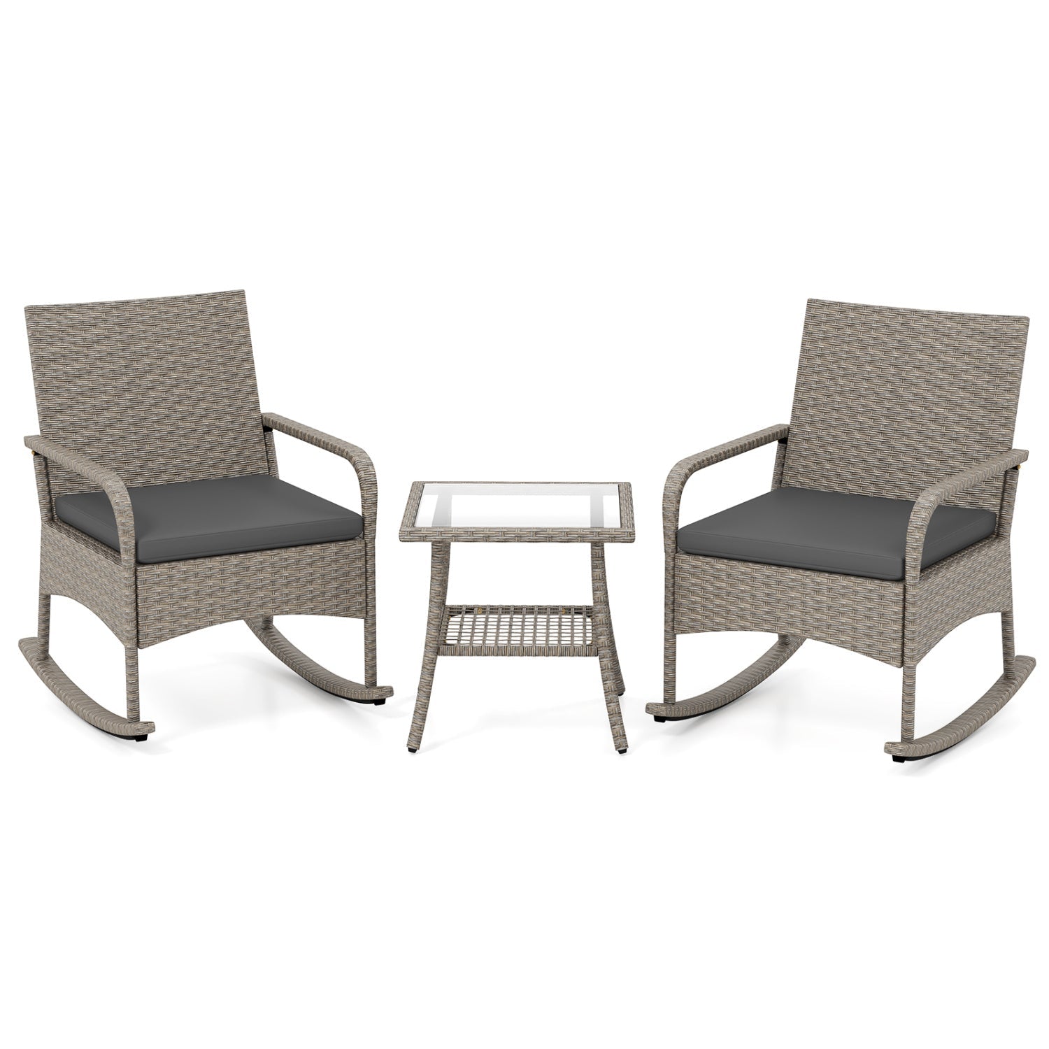 3-Piece Wicker Rocking Bistro Set with Cushions - Gray