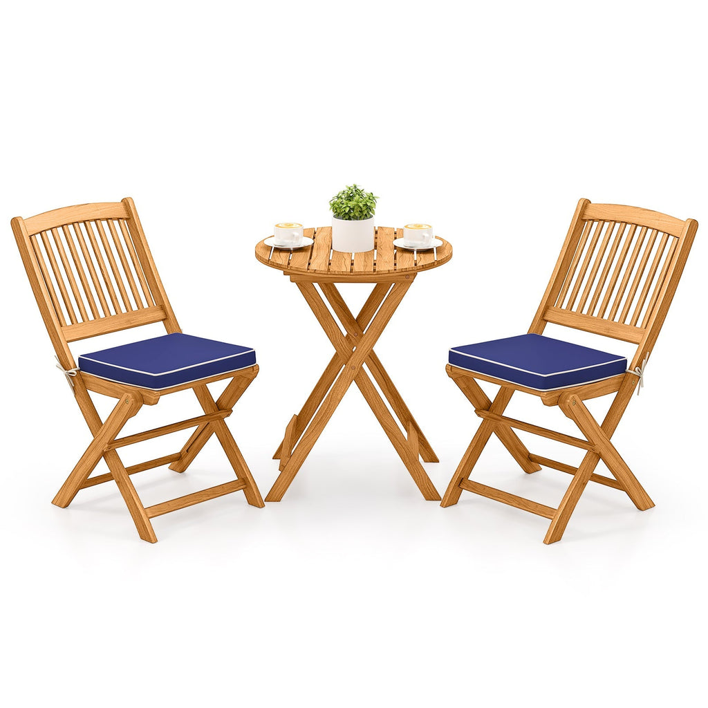 3 Pieces Acacia Wood Patio Folding Bistro Set with Soft Cushions